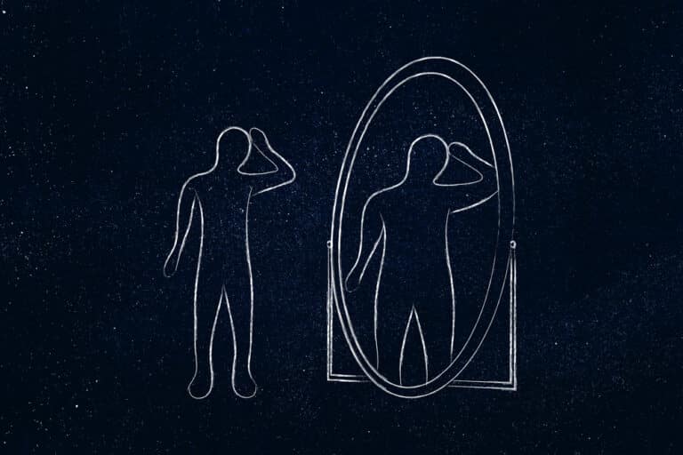 simple illustration of person looking in mirror and seeing a larger reflection