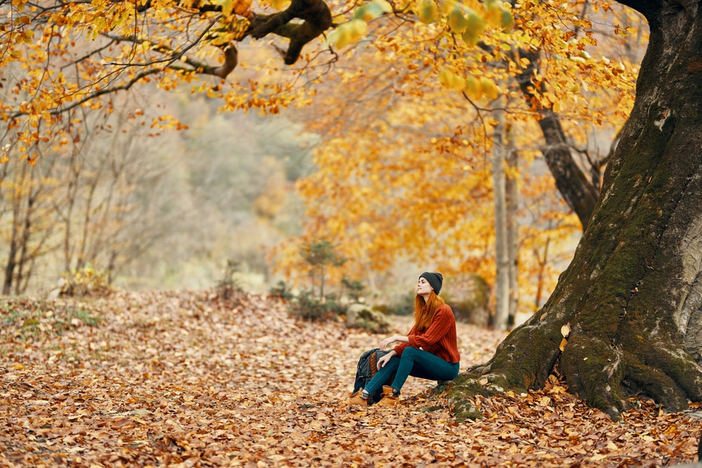 Young woman sitting beneath yellow autumnal tree looking into distance